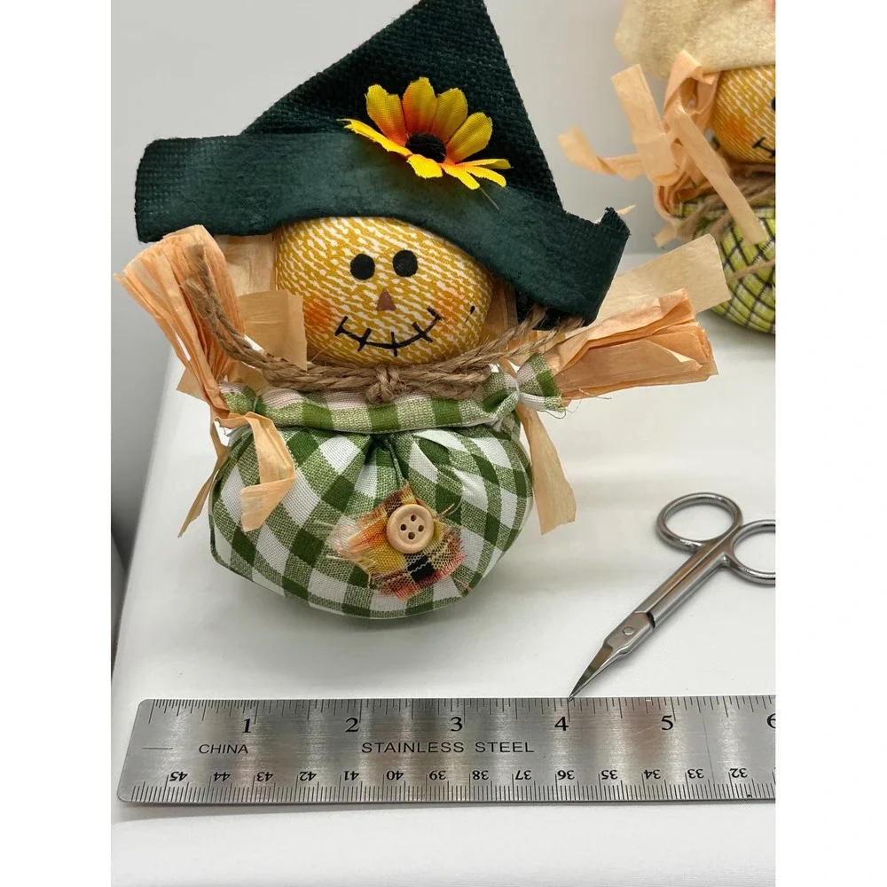 Autumn Scarecrow Figurine Set 2pc Green Yellow Gingham Plaid Fall Harvest Decor